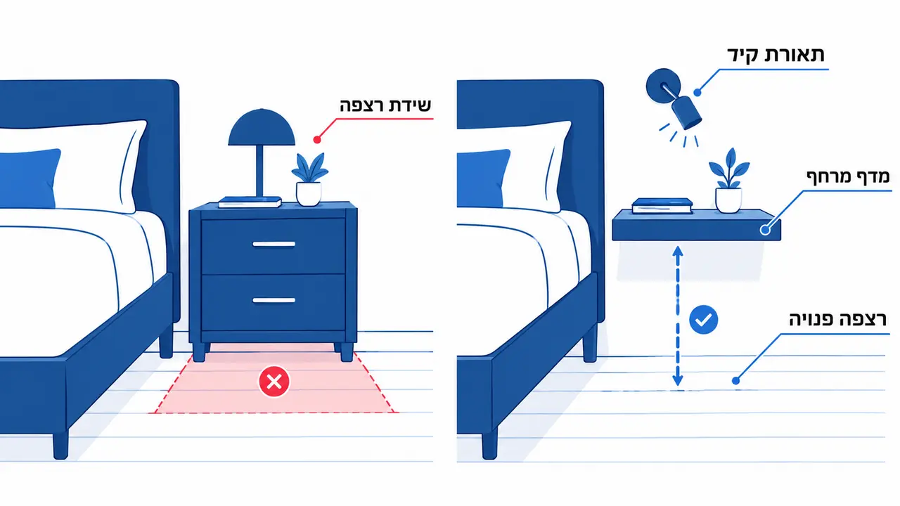 מדפים מרחפים לצד מיטה בחדר שינה מצומצם