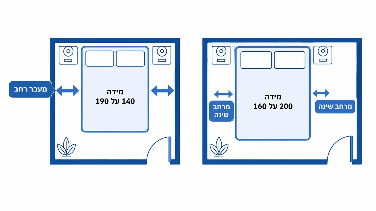 השוואה בין מיטה זוגית במידה 140/190 למידה 160/200 בחדר קטן